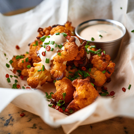 Fried cauliflower with sour cream and chives. Selective focus.の素材