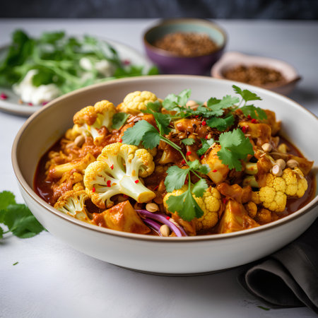 Cauliflower curry with cashew nuts and cilantro, selective focus.の素材