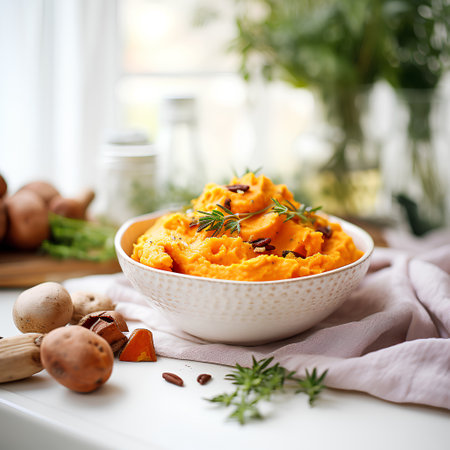 Bowl of hummus with pumpkin and rosemary on the tableの素材