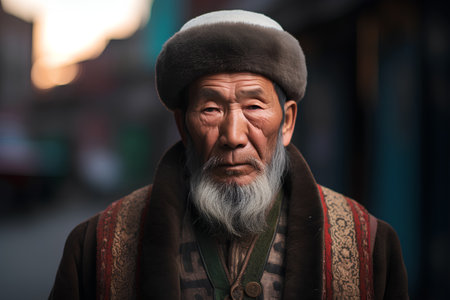 Portrait of an old man with gray beard and hat on the streetの素材