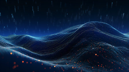 3D illustration of abstract digital landscape with flowing particles. Big data visualization.の素材