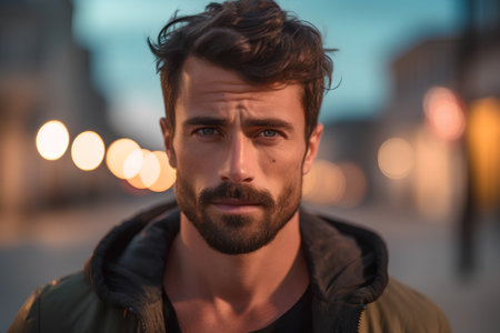 Portrait of a handsome young man with a beard on the streetの素材