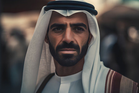 Portrait of middle eastern man with traditional arabic clothes in the cityの素材