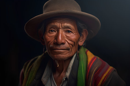 Portrait of an old woman wearing a hat and a colorful scarfの素材