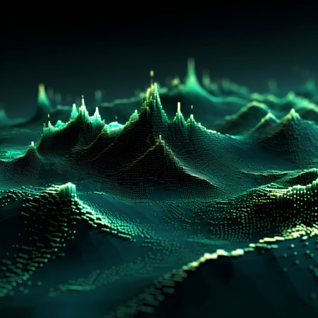 3d rendering of abstract digital landscape with glowing particles. Futuristic wave with depth of field.の素材