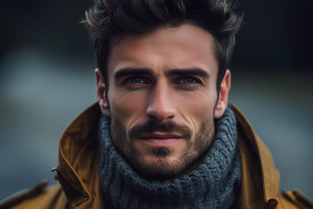 Portrait of a handsome young man wearing a coat and gray scarf.の素材