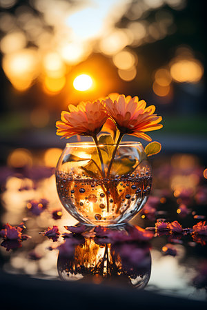 Gerbera flowers in a glass vase on the background of sunset.の素材
