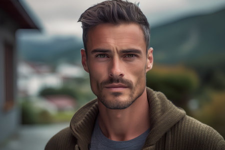 Portrait of a handsome young man outdoors. Men's beauty, fashion.の素材