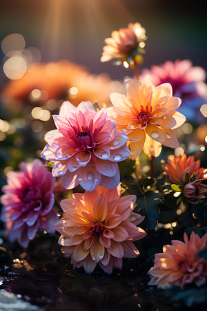 Beautiful dahlia flowers in the garden at sunset. Nature backgroundの素材