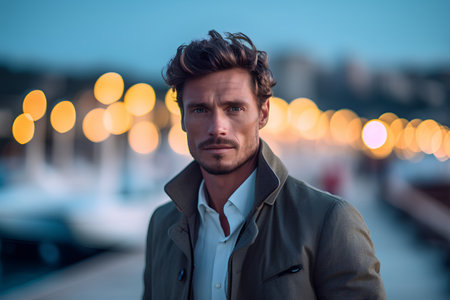 Portrait of a handsome young man in urban background. Men's beauty, fashion.の素材