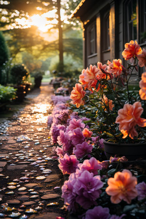 Beautiful flowers in the garden at sunset. Floral background.の素材