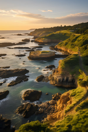 Aerial view of the beautiful coastline at sunset in Cornwall England UK Europeの素材