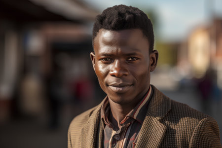 Portrait of a handsome young African man wearing a coat outdoors.の素材