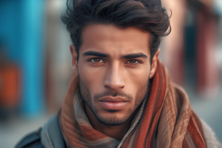 Portrait of a handsome young man in a scarf. Men's beauty, fashion.の素材