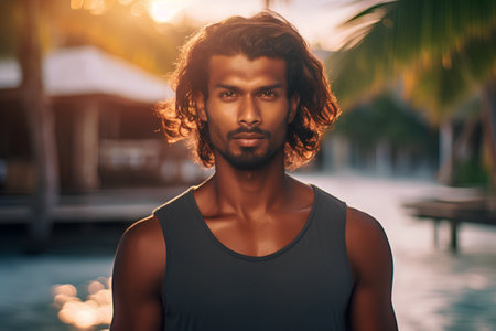 Portrait of a handsome young man in a black t-shirt on the beach.の素材