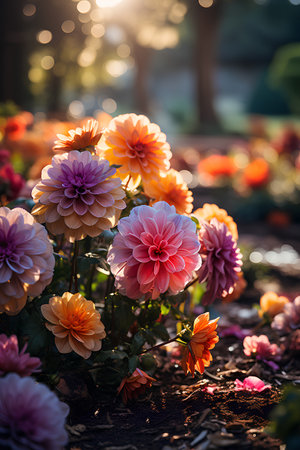 Colorful dahlia flowers in the garden at sunset time.の素材