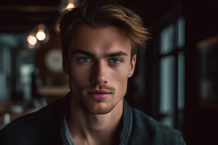 Portrait of a handsome young man in a cafe. Men's beauty, fashion.の素材