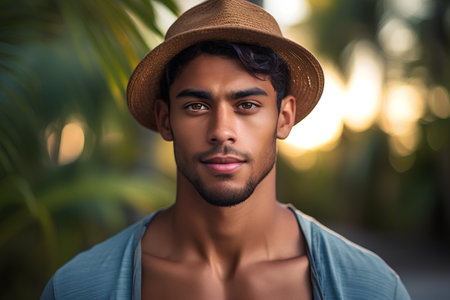 Portrait of a handsome young man wearing a straw hat and looking at the camera.の素材