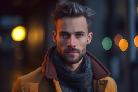 Portrait of a handsome young man in a yellow coat and scarf.の素材