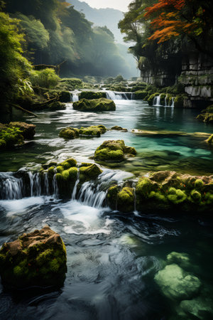 Mountain stream in the forest. Beautiful natural landscape. Toned.の素材