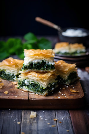 Puff pastry with spinach and feta cheese on a wooden boardの素材