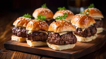 Homemade hamburger with beef, cheese and vegetables on wooden backgroundの素材