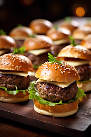 Hamburgers on a wooden board. Close-up.の素材