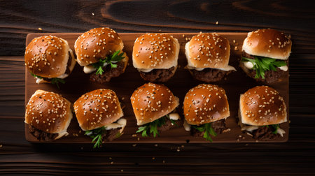 Homemade hamburgers with meat and cheese on wooden background, top viewの素材