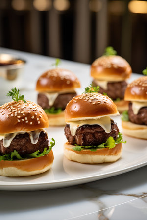Cheeseburgers on a white plate with sesame seedsの素材
