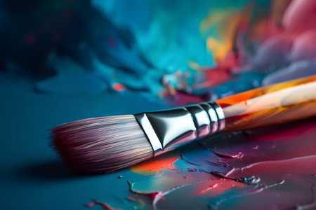 Paintbrush and palette of colors on a blue background close-upの素材