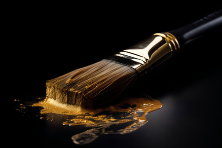 Paint brush with golden paint on a black background. Art conceptの素材