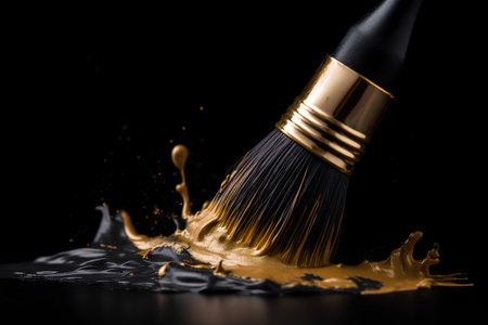 Paint brush with golden paint splashes isolated on black background.の素材