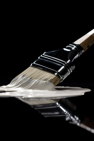 Paintbrush with white paint on a black background close-upの素材