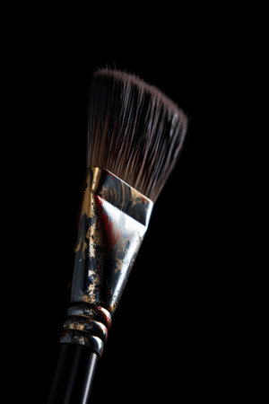 Paintbrush with golden paint isolated on black background. Professional artist equipment.の素材