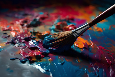 Paintbrush and palette with blue, red and yellow paint.の素材