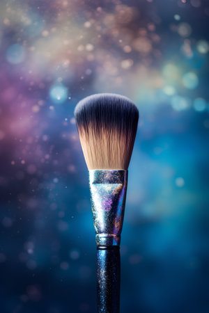Makeup brush with blue and gold glitter on bokeh backgroundの素材