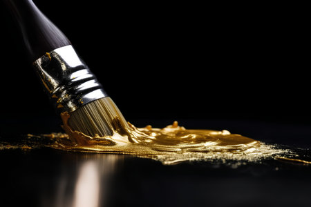Paintbrush with gold paint on a black background close-upの素材