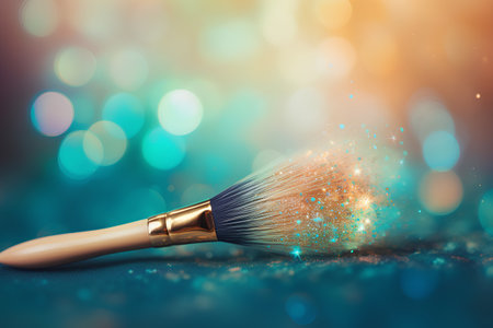Makeup brush with golden glitter on blue bokeh background.の素材