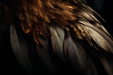 close up of the feathers of a rooster on a black backgroundの素材