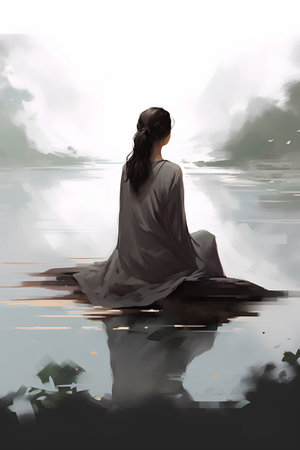 Illustration of a beautiful woman sitting on a rock by the lakeの素材
