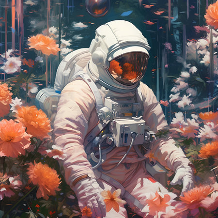 Astronaut in a spacesuit on a background of flowers.の素材