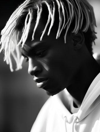 Black and white portrait of young african american man with dreadlocksの素材