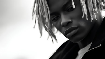 Black and white portrait of beautiful african american woman with dreadlocksの素材