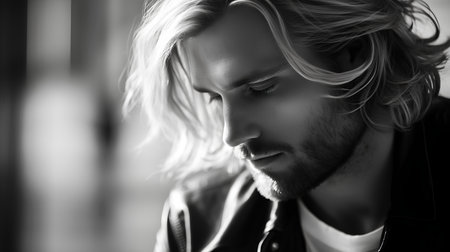 Portrait of a handsome man with blond hair. Black and white.の素材