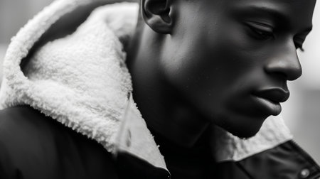 Close-up portrait of a handsome African-American man. Black and white photo.の素材