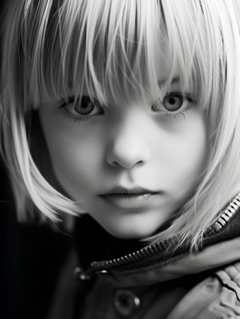 Portrait of a cute little girl with blond hair. Black and white.の素材