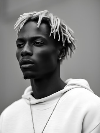 Black and white portrait of a stylish african american man with dreadlocksの素材