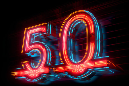 Neon 50 off sign on brick wall. 3D Renderingの素材