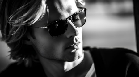 Black and white portrait of a young man in sunglasses on the streetの素材