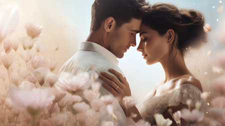 Beautiful young couple in love, kissing and embracing each other surrounded by flowers.の素材